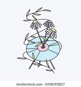 Vector Line Y2K illustration of the CD. Naive Art. 2000s vibes. Color Vector Naive image for printing on merch. 2000s. Vector Line illustration of the CD with daisies.