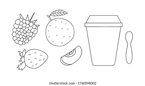 Vector line yoghurt pack icon with fruit and berry. Hand drawn organic fresh dairy product isolated on white background. Natural food illustration. Black and white yogurt packaging design