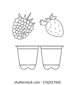 Vector line yoghurt pack icon with fruit and berry. Hand drawn organic fresh dairy product isolated on white background. Natural food illustration. Black and white yogurt packaging design