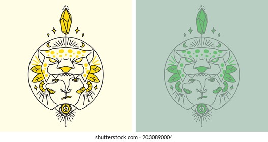 Vector lineal ilustration, astral animal warrior, moon, stars, diamonds, alquimia espiritual artological man