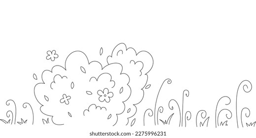 Vector linear abstract background. Flower fairy meadow with lush bush and moss, swirls, grass. For the design of postcards, holidays, women's day and mother's day.