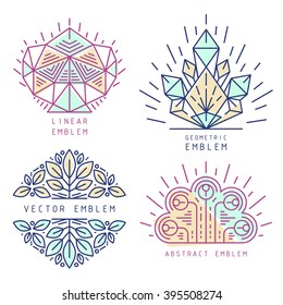 Vector linear abstract emblem set, thin line design logo and signs of leaves, gems and geometric shapes