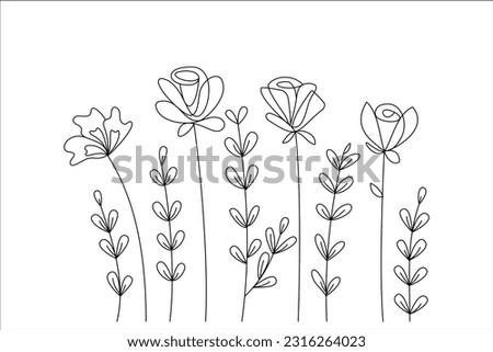 Vector linear abstract flowers, lush fresh buds. Tall grass with voluminous leaves. Floral design for postcards, congratulations. Adjustable stroke thickness
