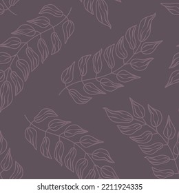 Vector linear abstract hand drawn twigs organic seamless pattern design. Modern ornament. Fabric graphic design vintage wallpaper, upholstery, wrapping paper, endless website backdrop. Purple
