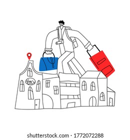 Vector linear abstract illustration enlarged man walking with tourist bags and looking for hotel. Concept hotel business, navigation, tourism, temporary accommodation, hostels, guest rooms.