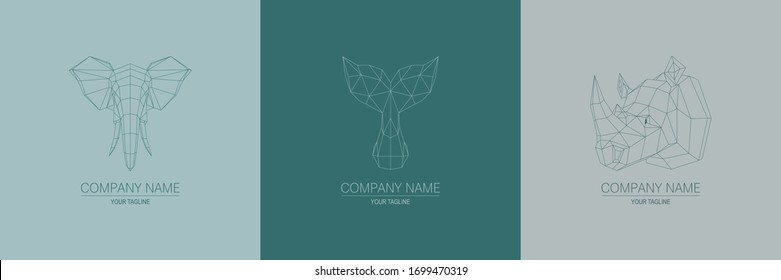 Logotipos animales lineales vectoriales en un fondo suave. Conjunto de ilustraciones geométricas en estilo origami.La imagen consta de triángulos y rombos.