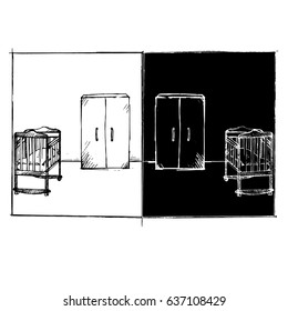 vector linear architectural sketch children bedroom, room front view on white and black background