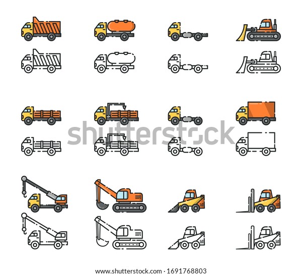 Vector linear art icon\
set of special trucks for construction, building, transportation,\
logistics, repair. Flat linear art style. Isolated color and black\
and white objects