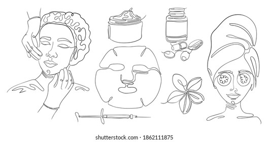 Ilustración de arte lineal vectorial de los procedimientos de cuidado facial de la mujer, máscaras cosméticas, inyecciones, crema. Los rostros de las mujeres se dibujan con líneas, belleza y salud de la piel