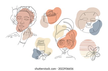 Ilustración de arte lineal vectorial de los procedimientos de cuidado facial de la mujer, máscaras cosméticas, inyecciones, crema. Los rostros de las mujeres se dibujan con líneas, belleza y salud de la piel