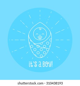 Vector linear baby boy illustration, baby shower greeting card.