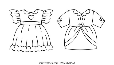 Vector linear baby dresses in cartoon fashion style isolated on white. Outline coloring page for girly book or educational, fashion materials