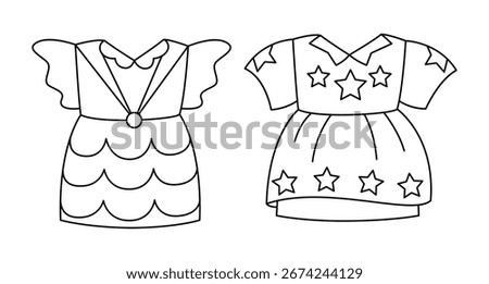Vector linear baby dresses in cartoon fashion style isolated on white. Outline coloring page for girly book or educational, fashion materials