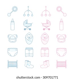 Vector linear baby girl and baby boy icon set