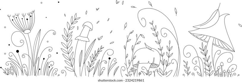 Vector linear background of forest plants. Mushroom with a large cap. Plants, curls, flowers. There is a leaf on the cap of the mushroom. Children's autumn coloring