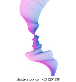 Vector linear background - male and female profile. Kiss loving couple silhouettes