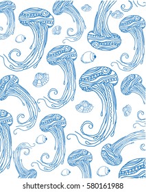 vector of a linear background with a picture of jellyfish and seashells