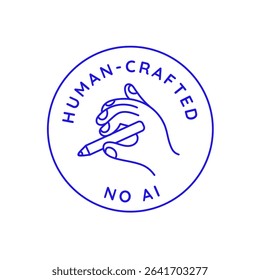 Vector linear badge illustrating human crafted concept,  minimal design for label or branding content created with human intelligence, hand holding pencil
