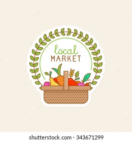 Vector linear badge - local market - label illustration with basket full of fruits and vegetables - organic fresh food and fruits 