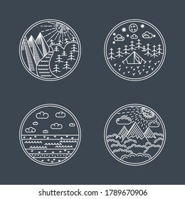 Vector linear badges and logo design elements with landscapes, nature and camping - round labels