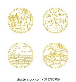 Vector linear badges and logo design elements with landscapes, nature and camping - round labels