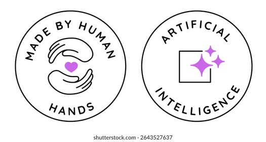 Vector linear badges with opposite creation methods,  generated by artificial intelligence and handcrafted by human, stamps, logos and minimalist design elements for AI-generated, human made content