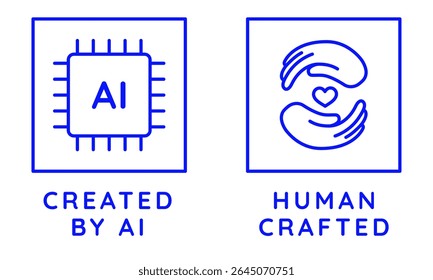 Vector linear badges with opposite creation methods,  generated by artificial intelligence and handcrafted by human, stamps, logos, minimalist design elements for AI-generated and human-made content