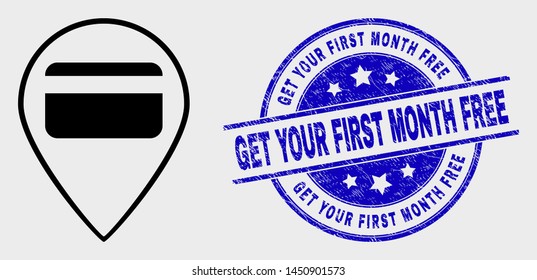 Vector linear bank card pointer pictogram and Get Your First Month Free seal stamp. Blue round textured seal stamp with Get Your First Month Free phrase.