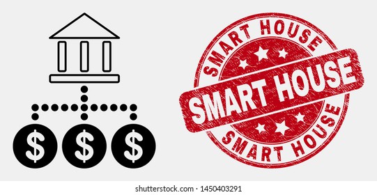Vector linear bank hierarchy icon and Smart House seal. Blue rounded scratched seal stamp with Smart House phrase. Black isolated bank hierarchy icon in line style.