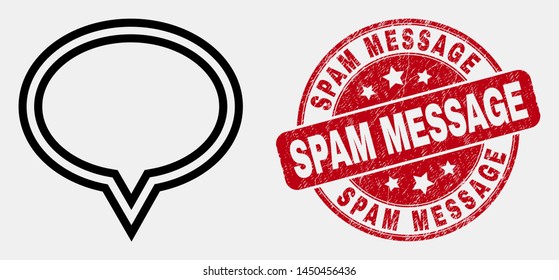Vector linear banner balloon pictogram and Spam Message seal. Blue round scratched seal stamp with Spam Message phrase. Black isolated banner balloon pictogram in contour style.