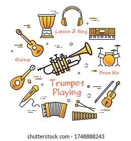 Vector linear banner for music - trumpet playing