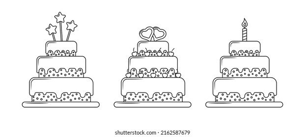 Vector linear Birthday Cakes set. Three outline big desserts on white background