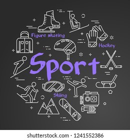 Vector linear black round concept of Winter Sport. White line icons of hockey, snowboarding, figure skating, sledging and skiing
