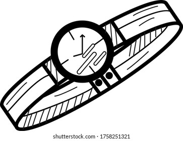 Dibujo lineal en blanco y negro de un reloj en una correa delgada