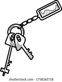 Vector Linear Black And White Drawing Of A Key Ring With A Keychain