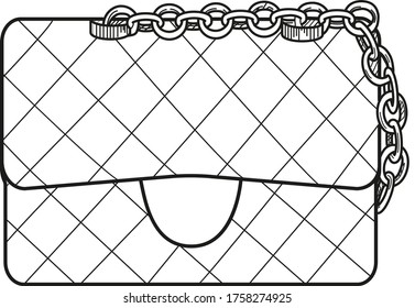 Vector linear black and white drawing of a small women's bag on a chain