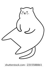 Vector linear black and white illustration. Cute fat cat sitting funny