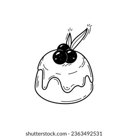 Ilustración lineal en blanco y negro de la tarta con glaseado y arándanos en forma de doodle aislados en fondo blanco