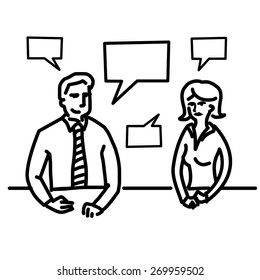 vector linear black and white illustration of businessman interview communication and dialogue soft skills concept  | modern flat design black cartoon icon isolated on white background