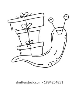 Vector linear black and white image of a snail with a house. The illustration is hand-drawn in doodle style. Concept for New Year, Christmas and other holidays.