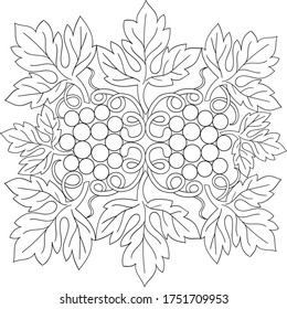 vector linear black and white pattern of berries and leaves of grapes for decoration, coloring, embroidery, appliques, handmade