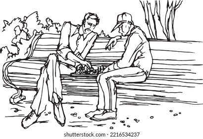 Vector Linear Black And White Sketch: Two Old Men Sitting On A Bench In The Park And Playing Cheese. Illustration About Friendship, Everyday Life. 