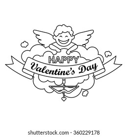 Vector linear black and white Valentine's day card with smiling cupid.