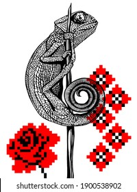 vector linear black-and-white drawing by the hand of a chameleon sitting on a branch with national Ukrainian ornaments. all elements are isolated. can be used for T-shirts prints, posters and tattoos.