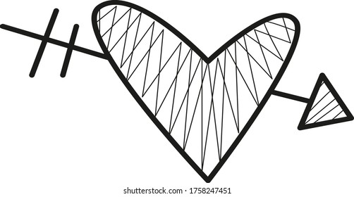 Vector linear black-and-white symbol of a heart with an arrow