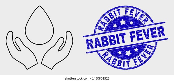 Vector linear blood care hands pictogram and Rabbit Fever seal. Blue rounded textured seal stamp with Rabbit Fever title. Black isolated blood care hands icon in linear style.