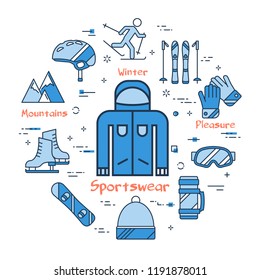 Vector linear blue round concept of winter sportswear concept- jacket. Line icons of winter outdoor recreation, skiing, skates, snowboarding and mountain holidays