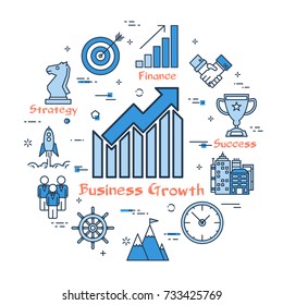 Vector linear blue round concept of business growth. Chart with arrow up as company success in the center and around the various line icons