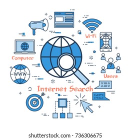 Vector linear blue round concept of Internet Search. Globe with magnifier search in the center. Line icons of browser, wifi, computer, user and mobile phone