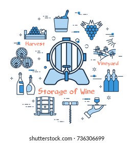 Vector linear blue round concept of Storage of Wine. Barrel for wine with a tap in the center. Line icons of viticulture and wine production